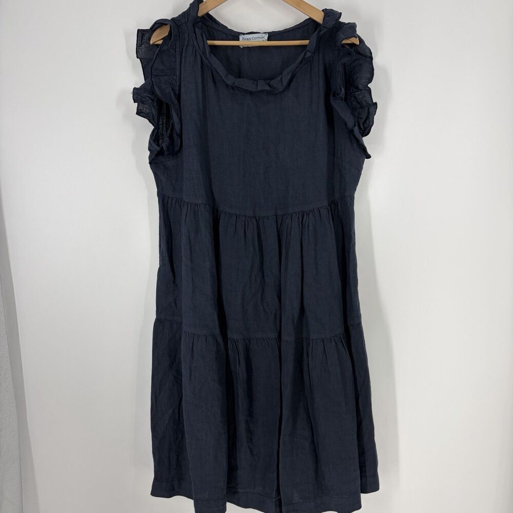 Haris Cotton Dress Size Large Navy Linen Midi Coastal Ruffle Tier Shift Boho